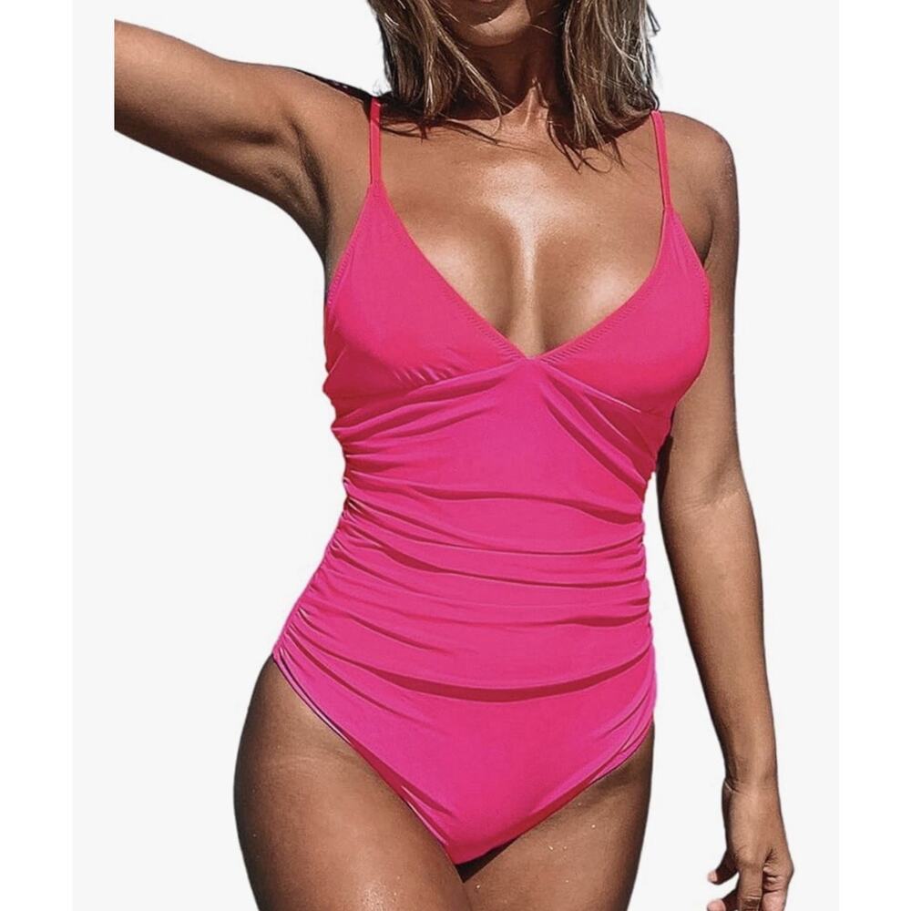 Cupshe Women's Small Ruched V Neck Hot Pink One Piece Swimsuit NWT